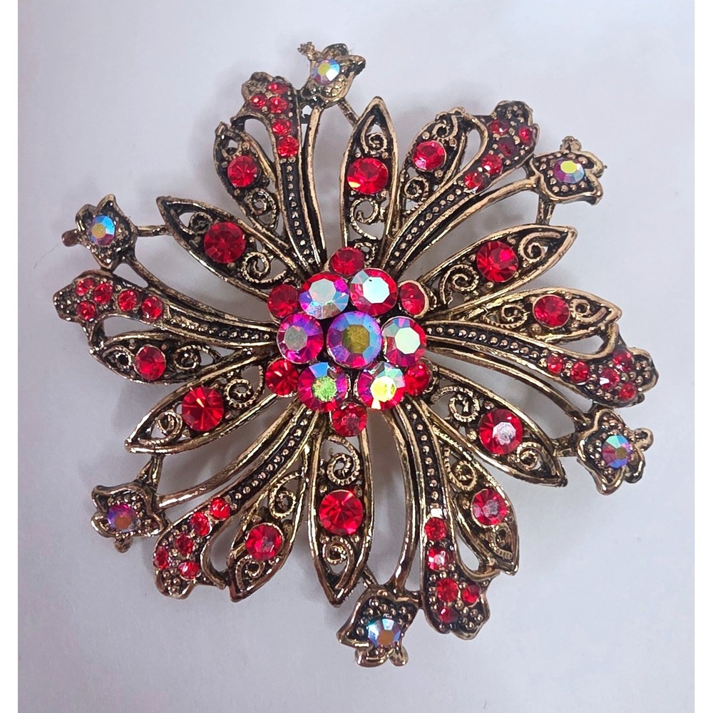 Vintage Style Red Rhinestone Aurora Borealis Starburst Brooch Bronze Tone Pin